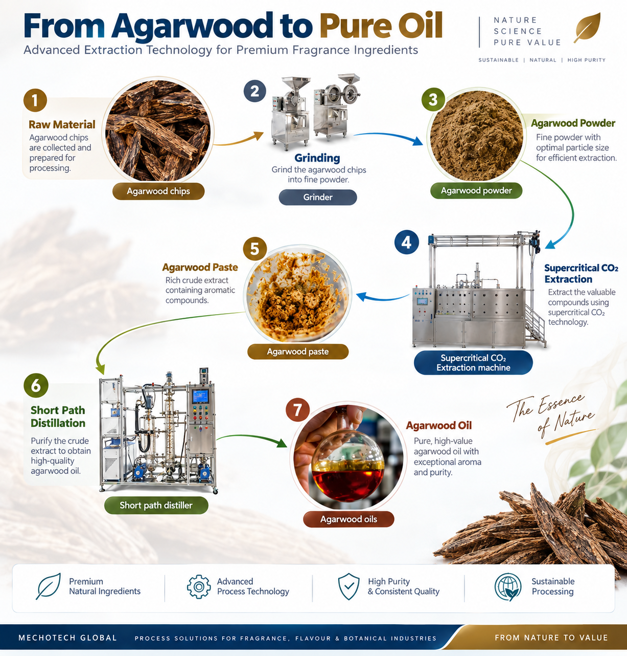 Mechotech agarwood-to-pure-oil process flow — grinding, supercritical CO² extraction, and short-path distillation to high-purity agarwood oil