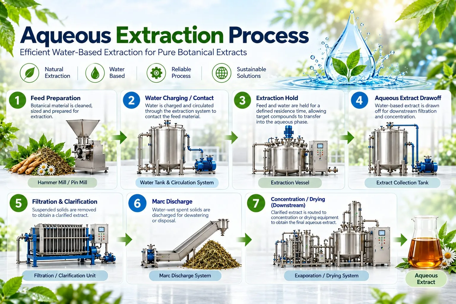 Mechotech Aqueous Extraction process flow — feed preparation, water charging and contact, extraction hold, aqueous extract drawoff, filtration and clarification, marc discharge, downstream concentration/drying