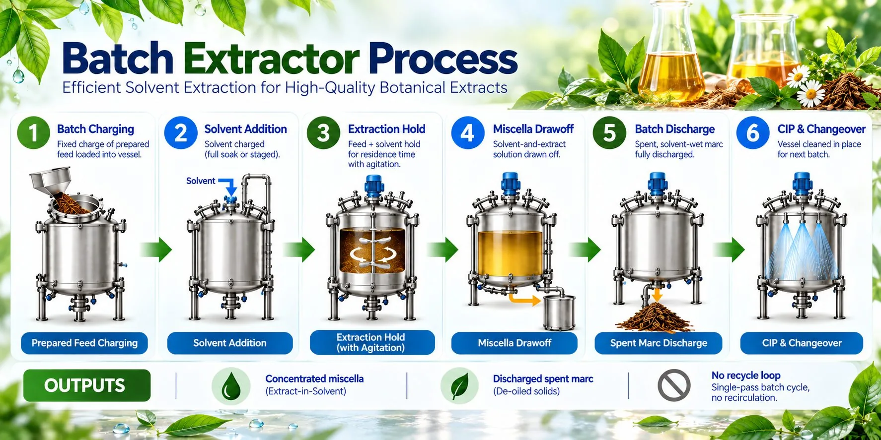 Mechotech Batch Extractor process flow — batch charging, solvent addition, extraction hold, miscella drawoff, batch discharge, CIP and changeover