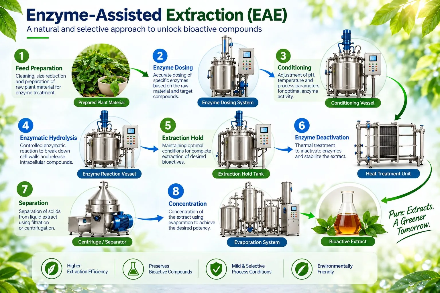 Mechotech enzyme-assisted extraction process flow — feed preparation, enzyme dosing, temperature and pH conditioning, enzymatic hydrolysis, extraction hold, enzyme deactivation, separation and concentration