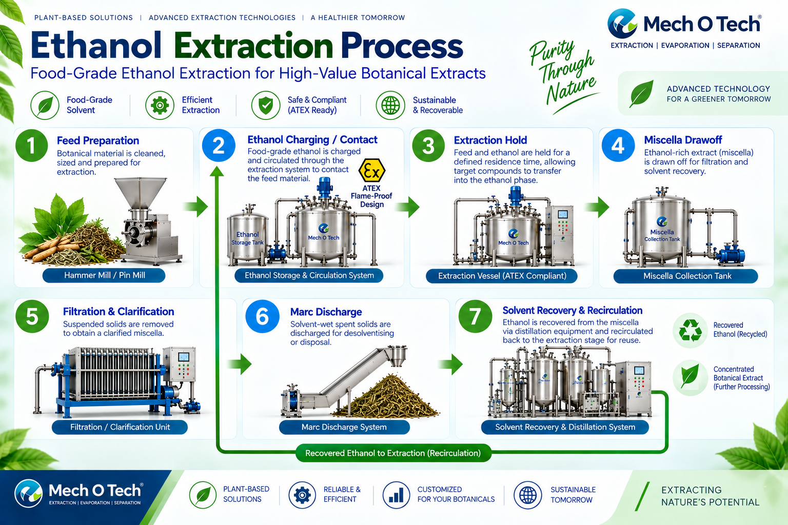 Mechotech Ethanol Extraction process flow — feed preparation, ethanol charging and contact, extraction hold, miscella drawoff, filtration and clarification, marc discharge, solvent recovery and recirculation