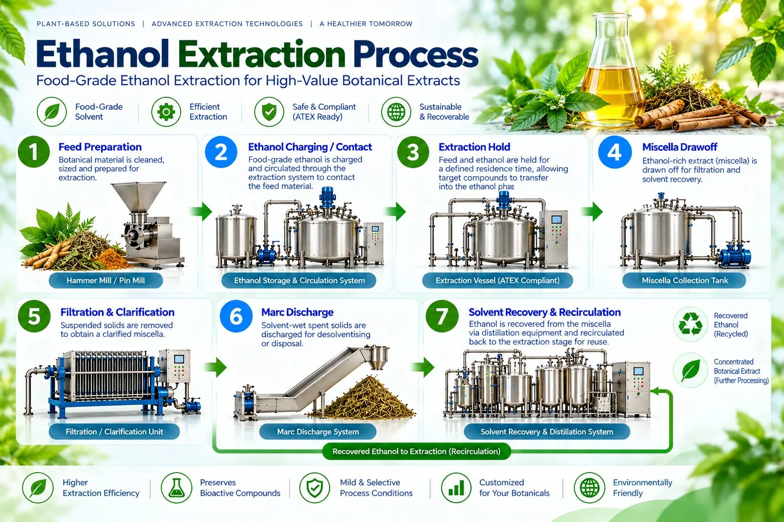 Mechotech Ethanol Extraction process flow — feed preparation, ethanol charging and contact, extraction hold, miscella drawoff, filtration and clarification, marc discharge, solvent recovery and recirculation