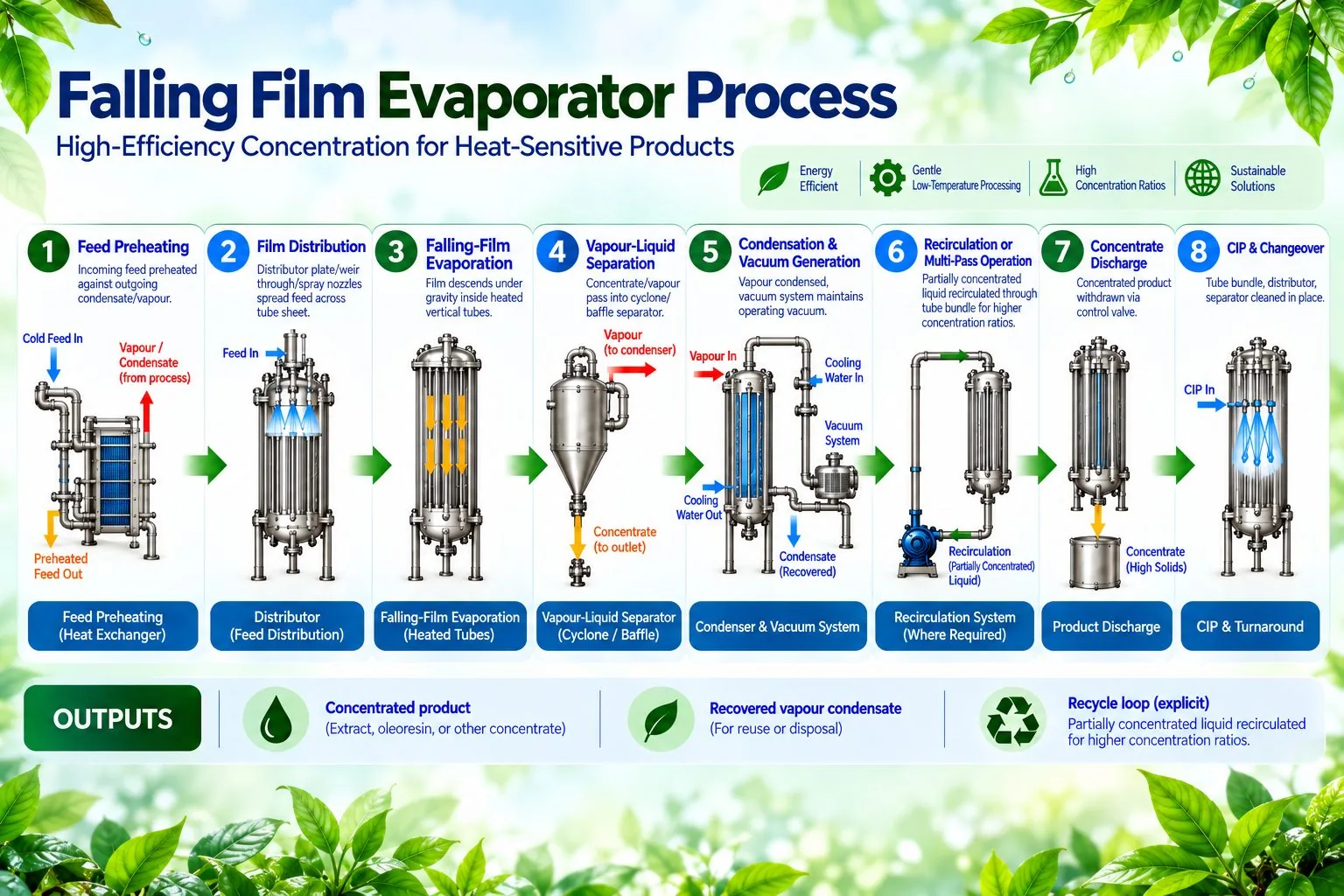 Mechotech Falling Film Evaporator process flow — feed preheating, film distribution, falling-film evaporation, vapour-liquid separation, condensation and vacuum generation, recirculation or multi-pass operation, concentrate discharge, CIP and changeover