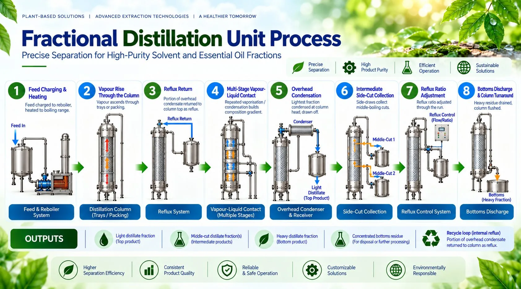 Mechotech Fractional Distillation Unit process flow — feed charging and heating, vapour rise through the column, reflux return, multi-stage vapour-liquid contact, overhead condensation, intermediate side-cut collection, reflux ratio adjustment, bottoms discharge and column turnaround