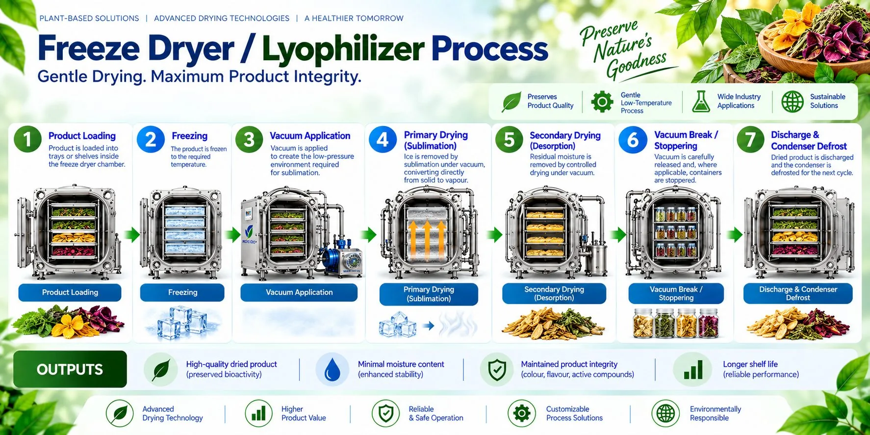 Mechotech Freeze Dryer / Lyophilizer process flow — product loading, freezing, vacuum application, primary drying (sublimation), secondary drying (desorption), vacuum break and stoppering, discharge and condenser defrost