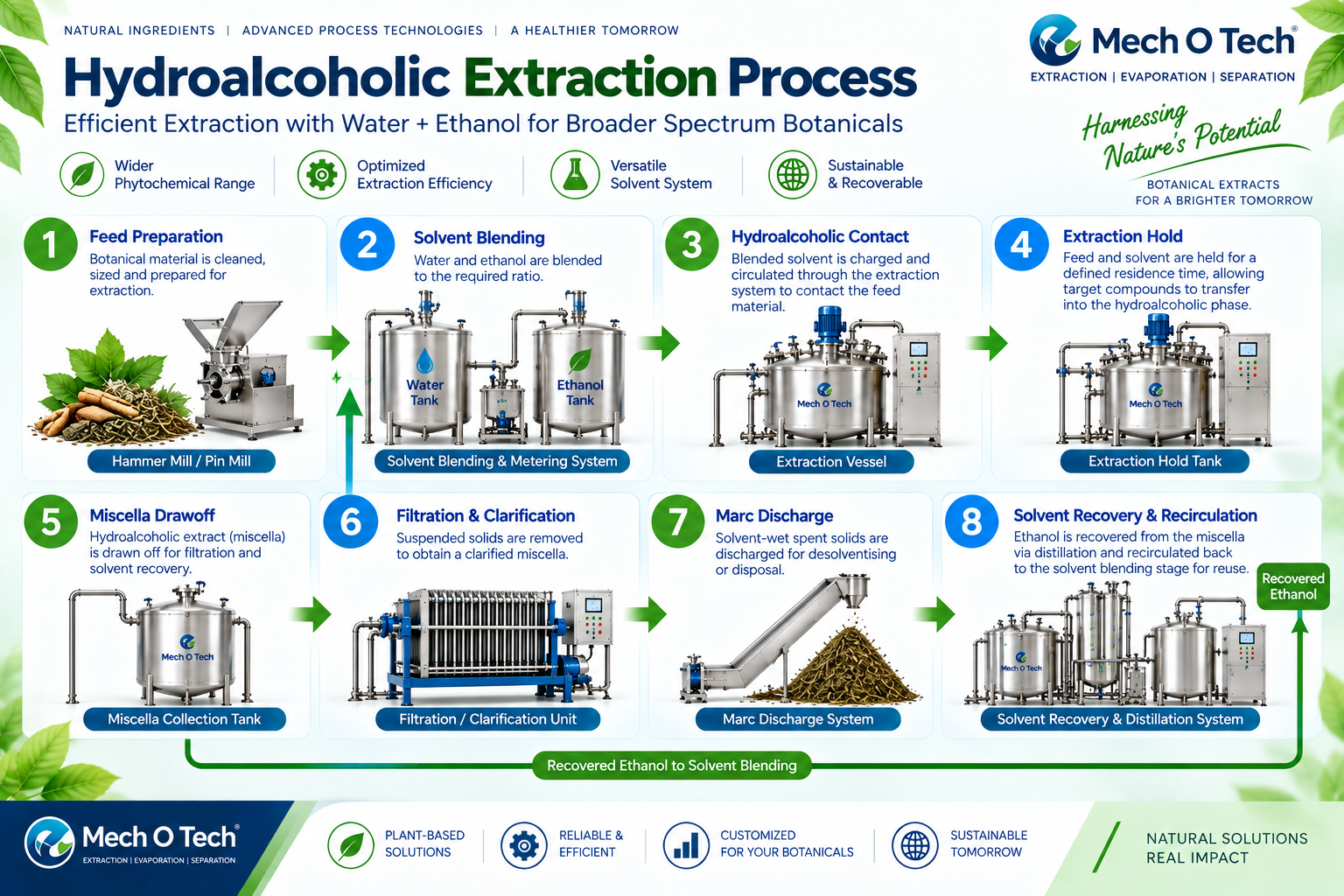 Mechotech Hydroalcoholic Extraction process flow — feed preparation, solvent blending, hydroalcoholic contact, extraction hold, miscella drawoff, filtration and clarification, marc discharge, solvent recovery and recirculation