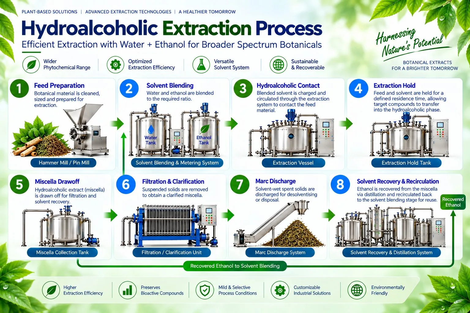 Mechotech Hydroalcoholic Extraction process flow — feed preparation, solvent blending, hydroalcoholic contact, extraction hold, miscella drawoff, filtration and clarification, marc discharge, solvent recovery and recirculation