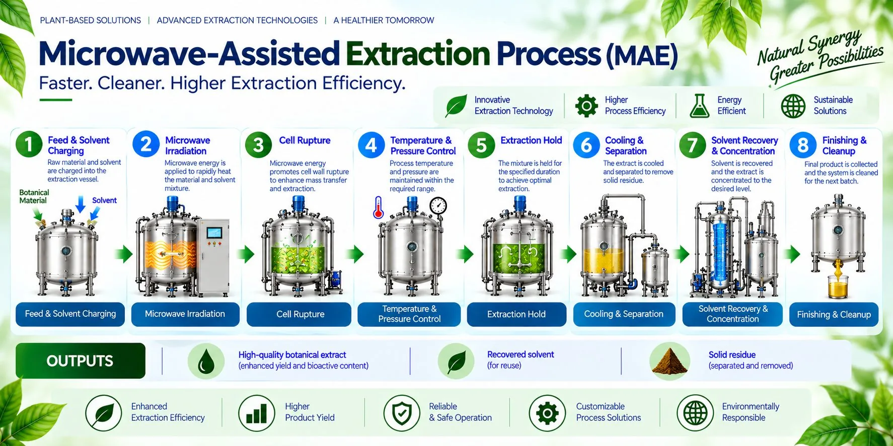 Mechotech Microwave-Assisted Extraction process flow — feed and solvent charging, microwave irradiation, cell rupture, temperature and pressure control, extraction hold, cooling and separation, solvent recovery and concentration, finishing and cleanup