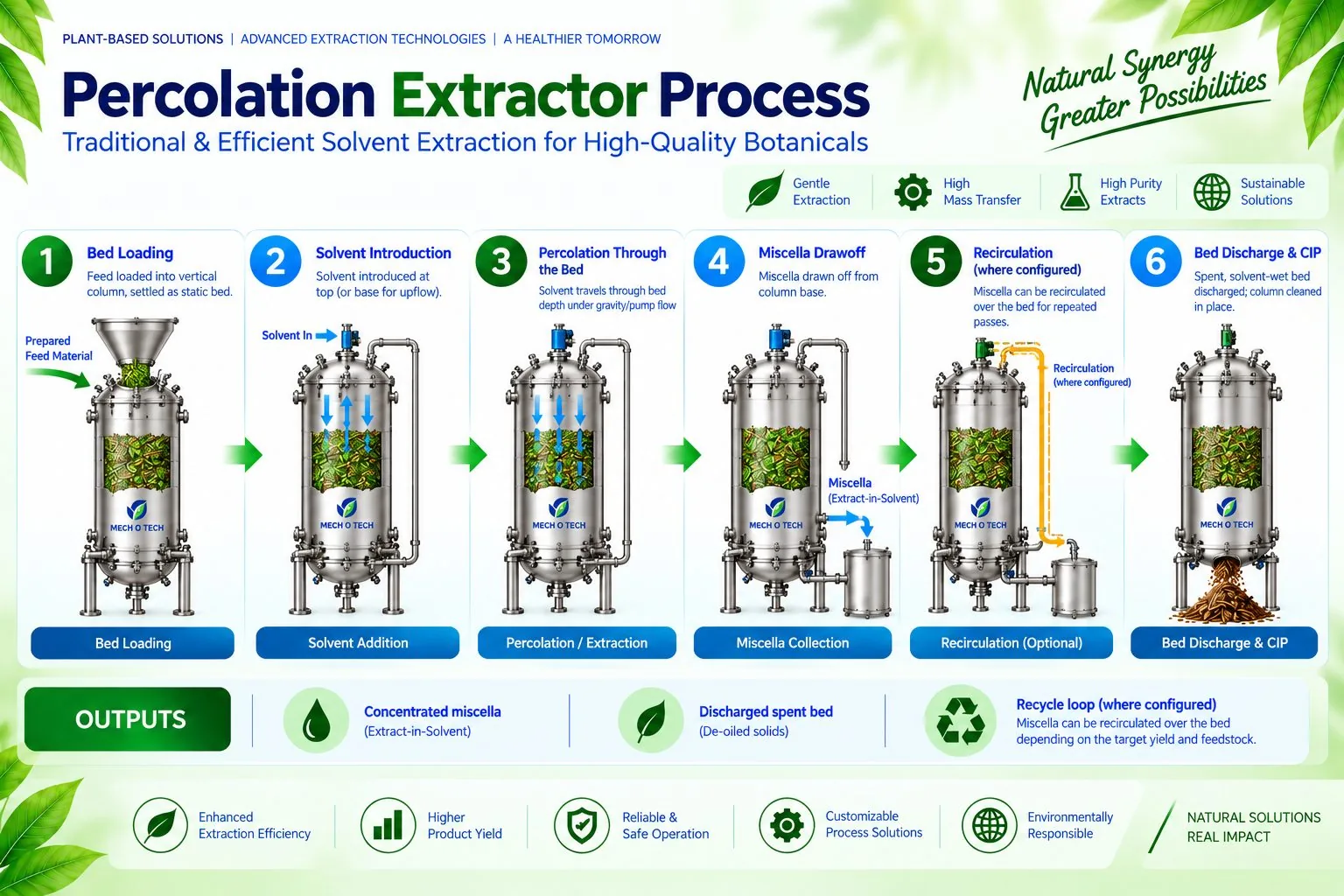 Mechotech Percolation Extractor process flow — bed loading, solvent introduction, percolation through the bed, miscella drawoff, recirculation where configured, bed discharge