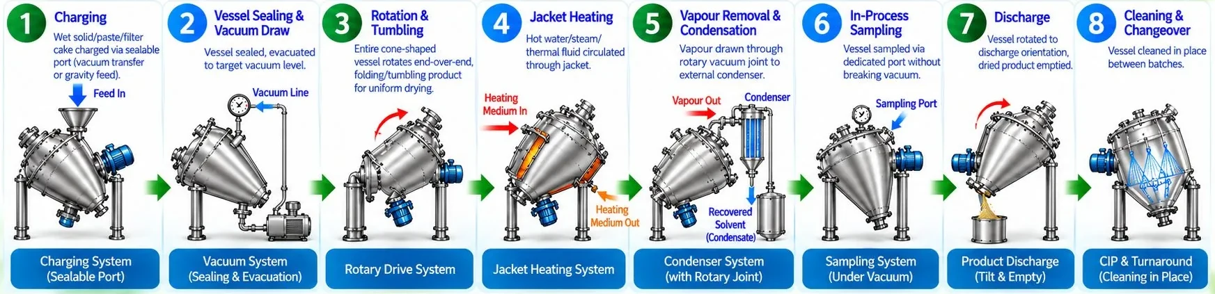 Mechotech RCVD Rotary Cone Vacuum Dryer process flow: charging, vessel sealing and vacuum draw, rotation and tumbling, jacket heating, vapour removal and condensation, in-process sampling, discharge, cleaning and changeover