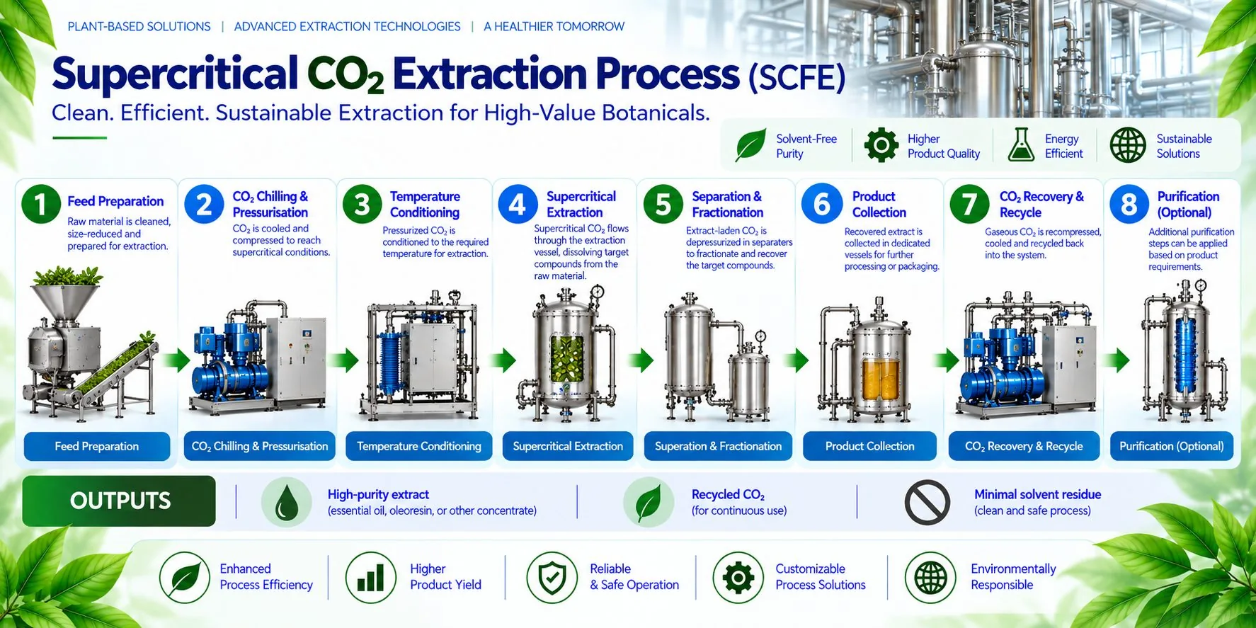 Mechotech Supercritical CO2 (SCFE) Extraction Plant process flow — feed preparation, CO2 chilling and pressurisation, temperature conditioning, supercritical extraction, separation and fractionation, product collection, CO2 recovery and recycle, optional purification