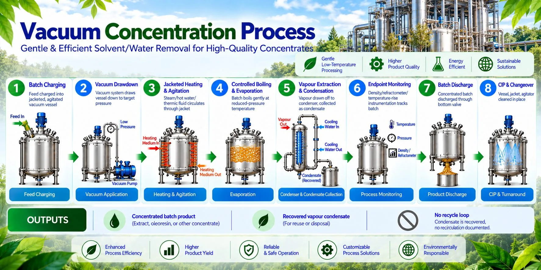 Mechotech Vacuum Evaporator process flow — batch charging, vacuum drawdown, jacketed heating and agitation, controlled boiling and evaporation, vapour extraction and condensation, endpoint monitoring, batch discharge, CIP and changeover